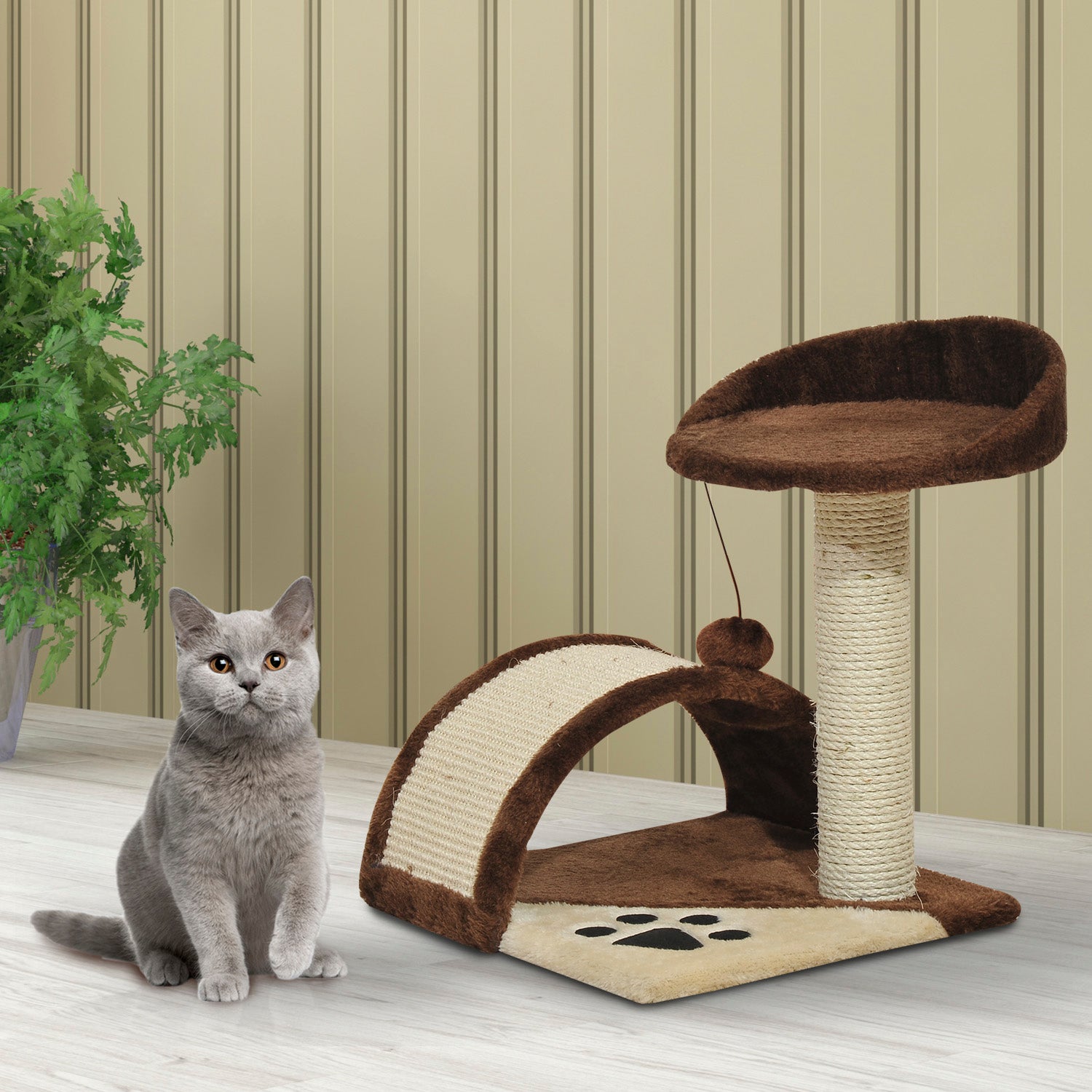 Cat Tree Scratching Scratcher Post Kitten Activity Centre Climber Hanging Ball Brown