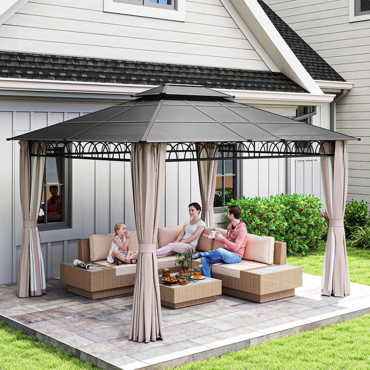 3.6 x 3 (m) Outdoor Polycarbonate Gazebo, Double Roof Hard Top Gazebo with Nettings & Curtains for Garden, Lawn, Patio