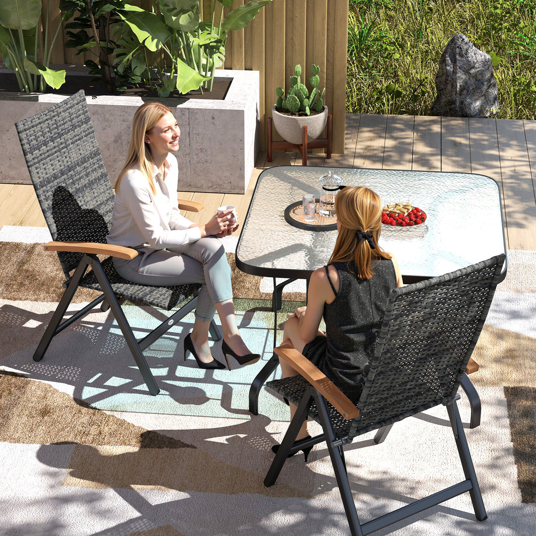 2 Pieces Folding Rattan Garden Dining Chairs with 5-level Reclining High Back, Wood Armrests for Outdoor - Mixed-grey