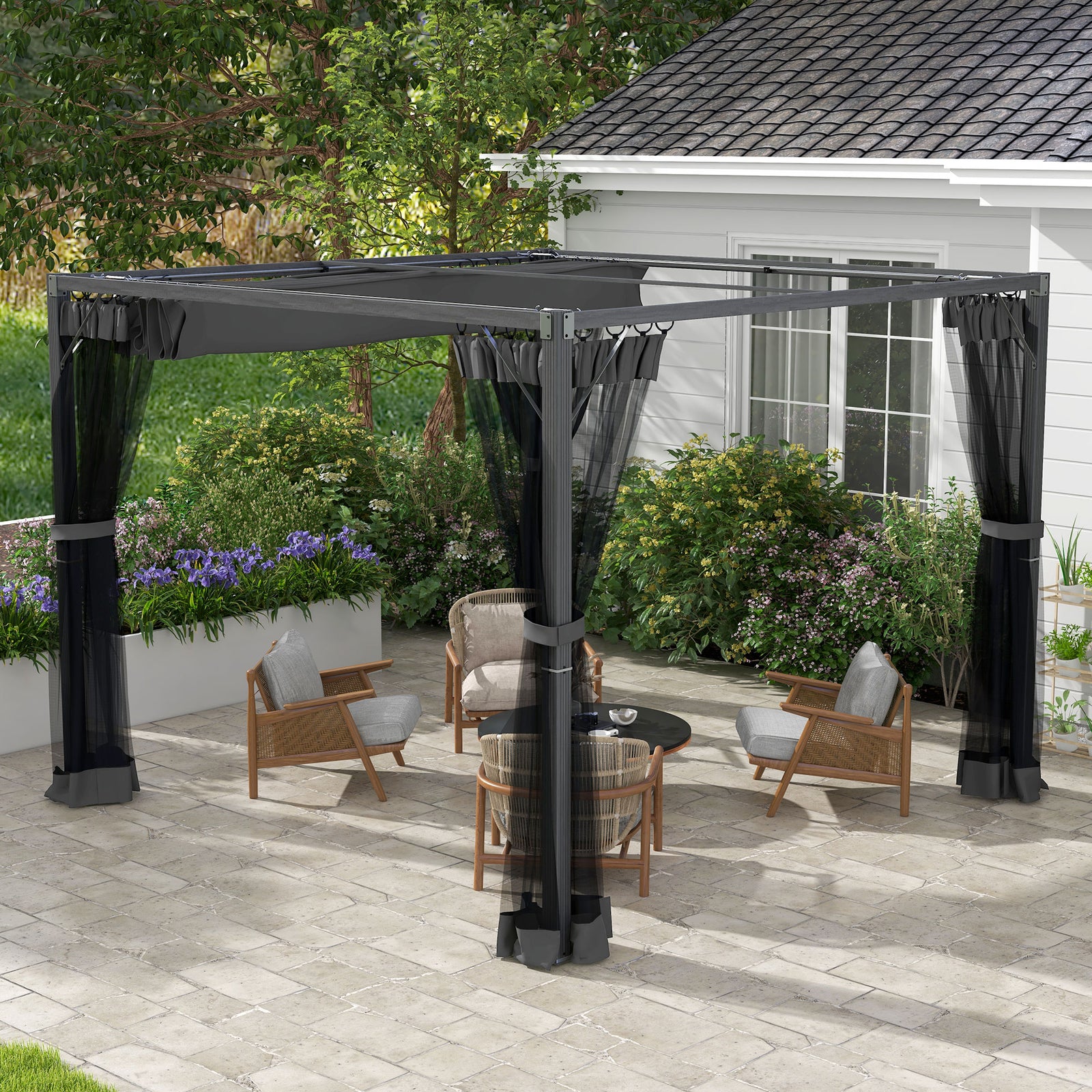 3 x 3m Aluminium Frame Pergola, with Retractable Roof - Dark Grey