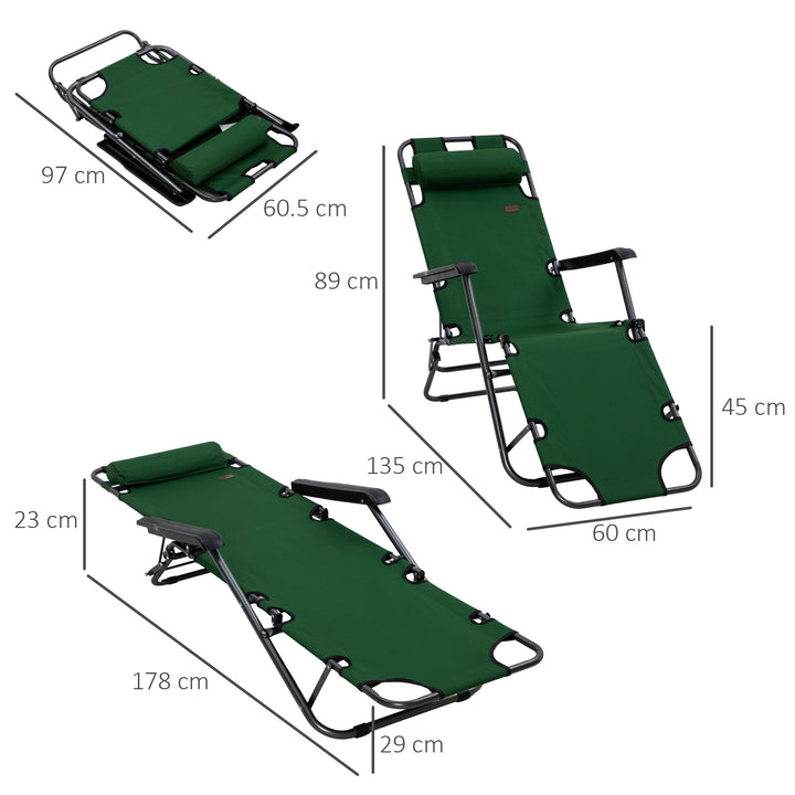 2 in 1 Sun Lounger Folding Reclining Chair Garden Outdoor Camping Adjustable Back with Pillow, Green