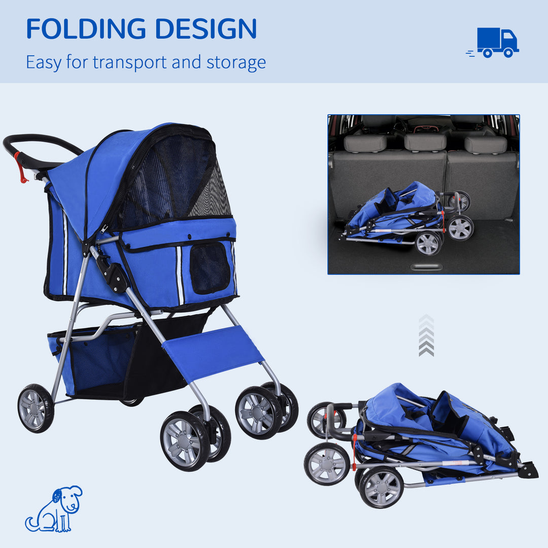 PawHut Small Dog Stroller, Lightweight, Folding, Rain Protection, Drink Holder, Basket, Safety Reflectors, Blue | Aosom UK