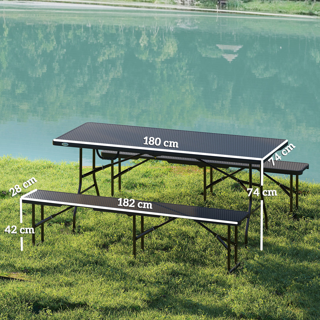Folding Picnic Table and Bench Set, Rattan Effect Portable Camping Table and Chairs with Carrying Handles for Indoor Outdoor, Dining, Camping, Picnic, BBQ, Party, Black