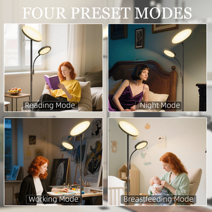 LED Floor Lamp for Living Room, Stepless Dimmable Standing Lamp, Mother and Child Uplighter with Reading Light, 4 Scene Modes, 2700K-6500K Colour Temps, 4 Brightness Levels, Remote Control