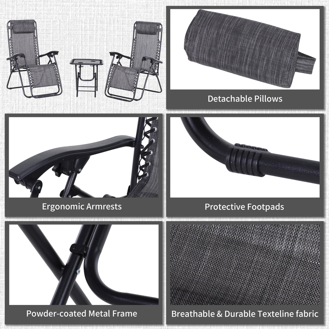 MCL 3pcs Folding Zero Gravity Chairs Sun Lounger Table Set w/ Cup Holders Reclining Garden Yard Pool, Light Grey