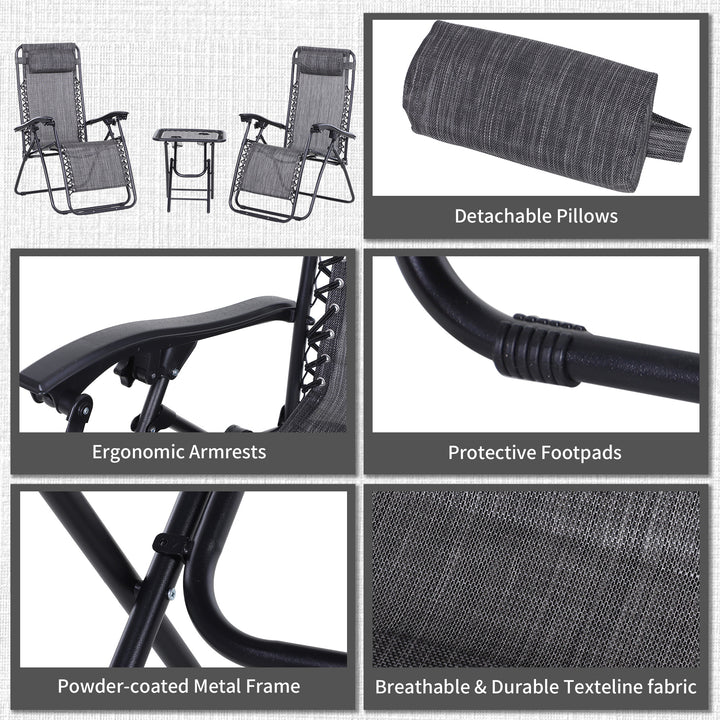 MCL 3pcs Folding Zero Gravity Chairs Sun Lounger Table Set w/ Cup Holders Reclining Garden Yard Pool, Light Grey