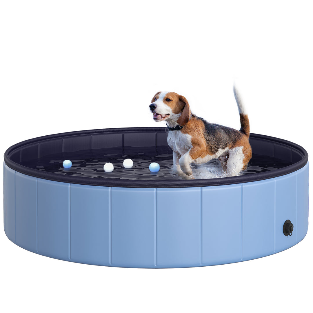 Dog Paddling Pool, Foldable Dog Pool, Leakproof & Hard Plastic, Portable Pet Bathtub with Non-Slip Base & Drainage Hole, for Indoors, Outdoors, Garden, Patio, 120 x 30 cm, Blue