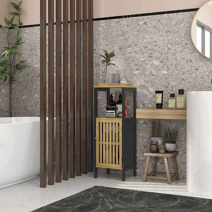 Bamboo-Blend Retro Cut-Out Bathroom Storage Unit, with Cupboard, /Wood