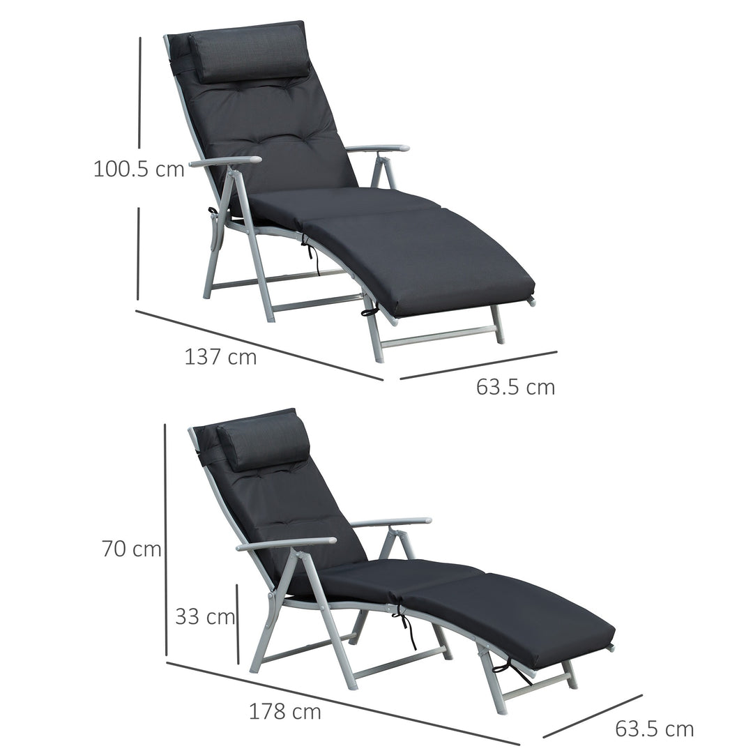 Outsunny Foldable Sun Lounger Garden Texteline Reclining Chair w/ Pillow, Adjustable Back, Thickened Cushion, Black | Aosom UK