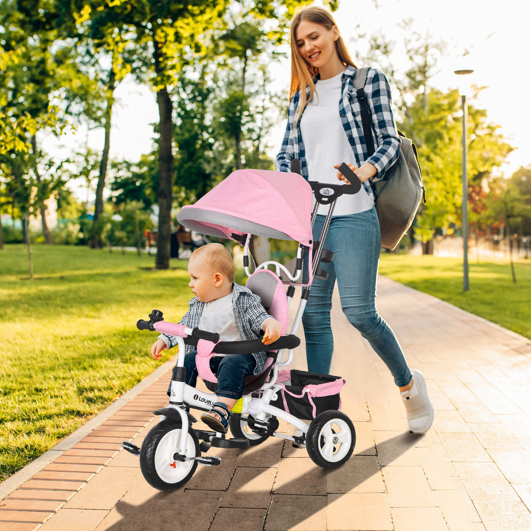 HOMCOM 4 in 1 Kids Trike Push Bike w/ Push Handle, Canopy, 5-point Safety Belt, Storage, Footrest, Brake, for 1-5 Years, Pink