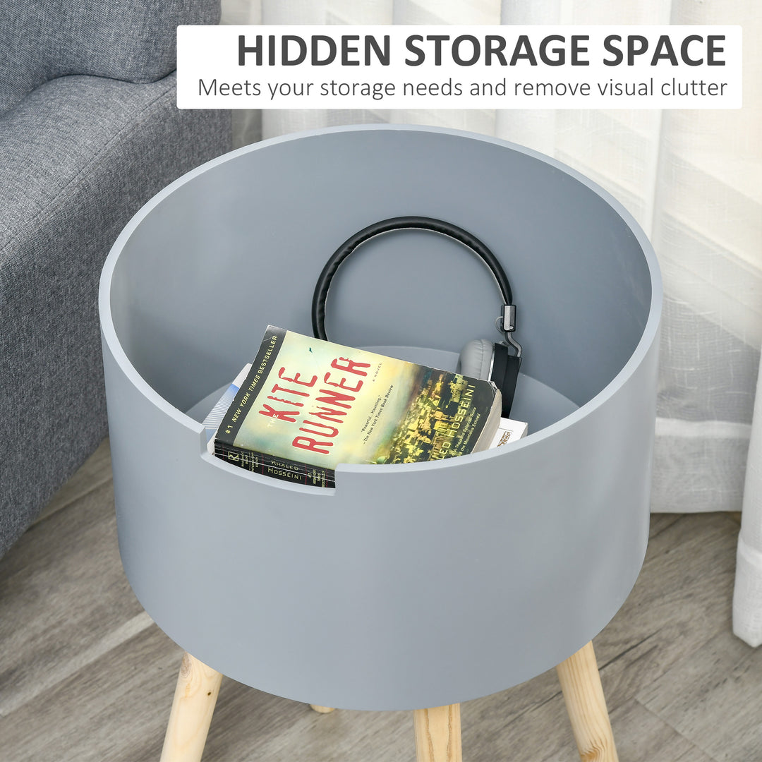 Modern Side Table with Hidden Storage Space, Round Night Stand with Removable Tray Wood Frame End Coffee Table for Living Room, Grey