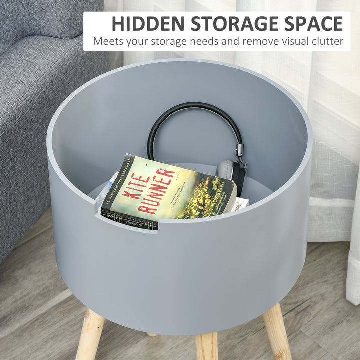 Modern Side Table with Hidden Storage Space, Round Night Stand with Removable Tray Wood Frame End Coffee Table for Living Room, Grey