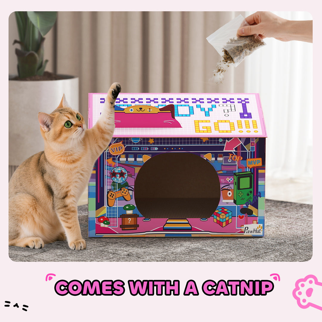 MCL 2 in 1 Gaming Style Cardboard Cat House with Scratching Board & Catnip for Indoor Cats, Pink