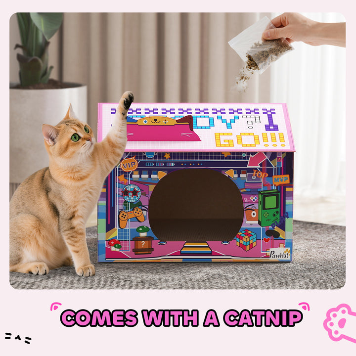 MCL 2 in 1 Gaming Style Cardboard Cat House with Scratching Board & Catnip for Indoor Cats, Pink