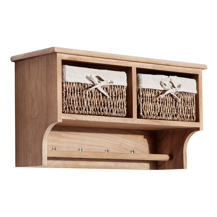 Entryway Coat Rack Wall Mounted Shelf w/ 2 Corn Husk Baskets and Hooks, Brown