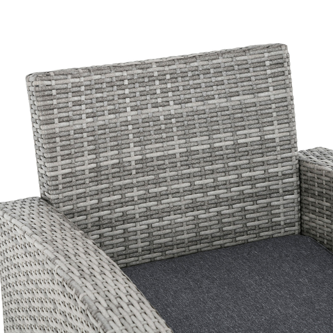 6 Pieces PE Rattan Garden Furniture Set with Three-seat, Armchairs and Footstools, Aluminium Patio Wicker Dining Sets w/ Glass Top Dining Table, Soft Cushion, Light Grey