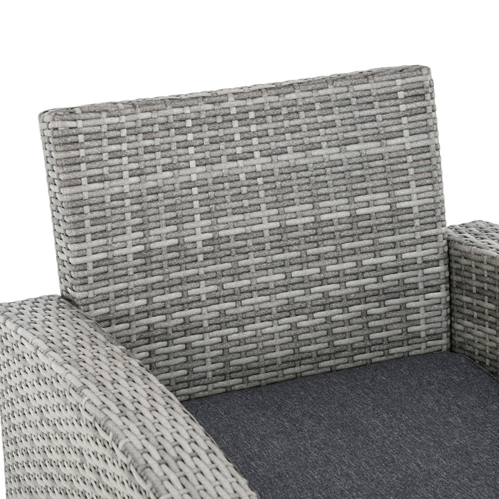 6 Pieces PE Rattan Garden Furniture Set with Three-seat, Armchairs and Footstools, Aluminium Patio Wicker Dining Sets w/ Glass Top Dining Table, Soft Cushion, Light Grey