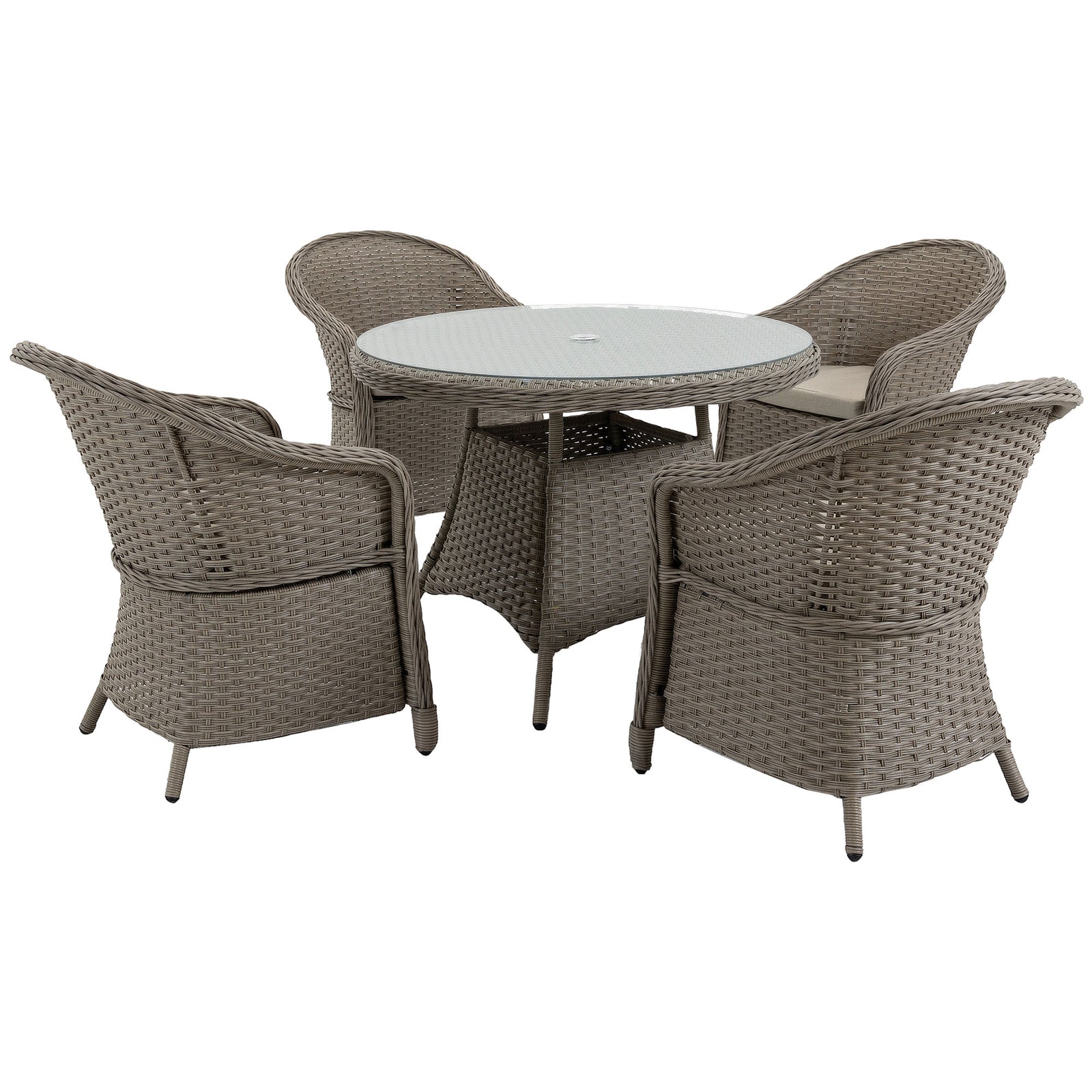 4 Seater Rattan Garden Furniture Set with Cushions, Round PE Rattan Dining Set with Glass-Top Table, Umbrella Hole, Outdoor Garden Table and Chairs, Mixed Grey