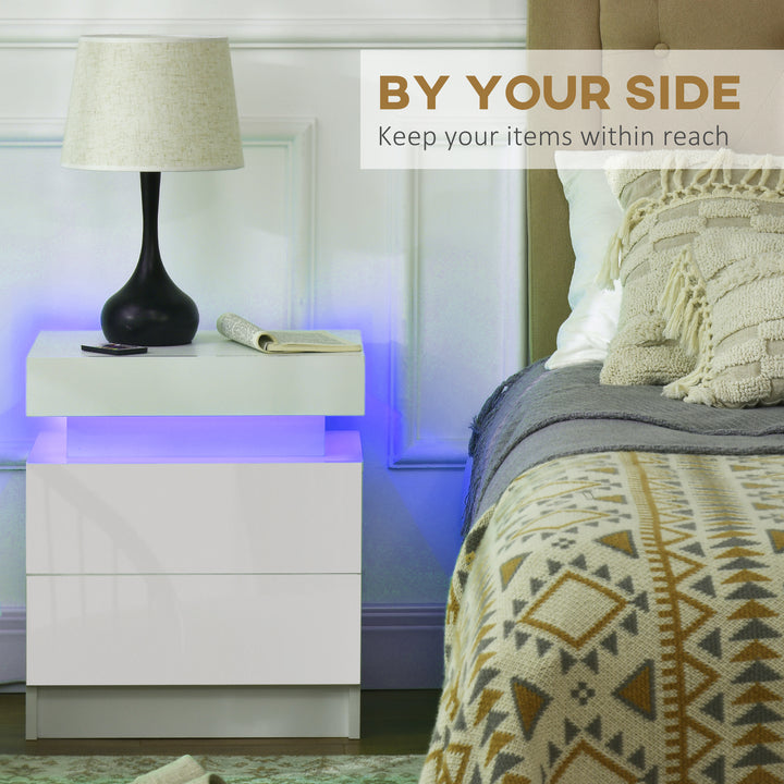 HOMCOM White Bedside Table with LED Light, High Gloss Front Nightstand with 2 Drawers, for Living Room, Bedroom