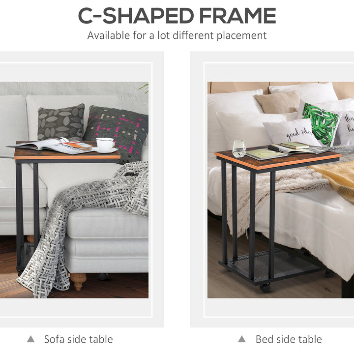 MCL C Shaped Side Table with Wheels, Mobile End Table, Laptop Stand with Metal Frame and Storage Shelf, Rustic Brown
