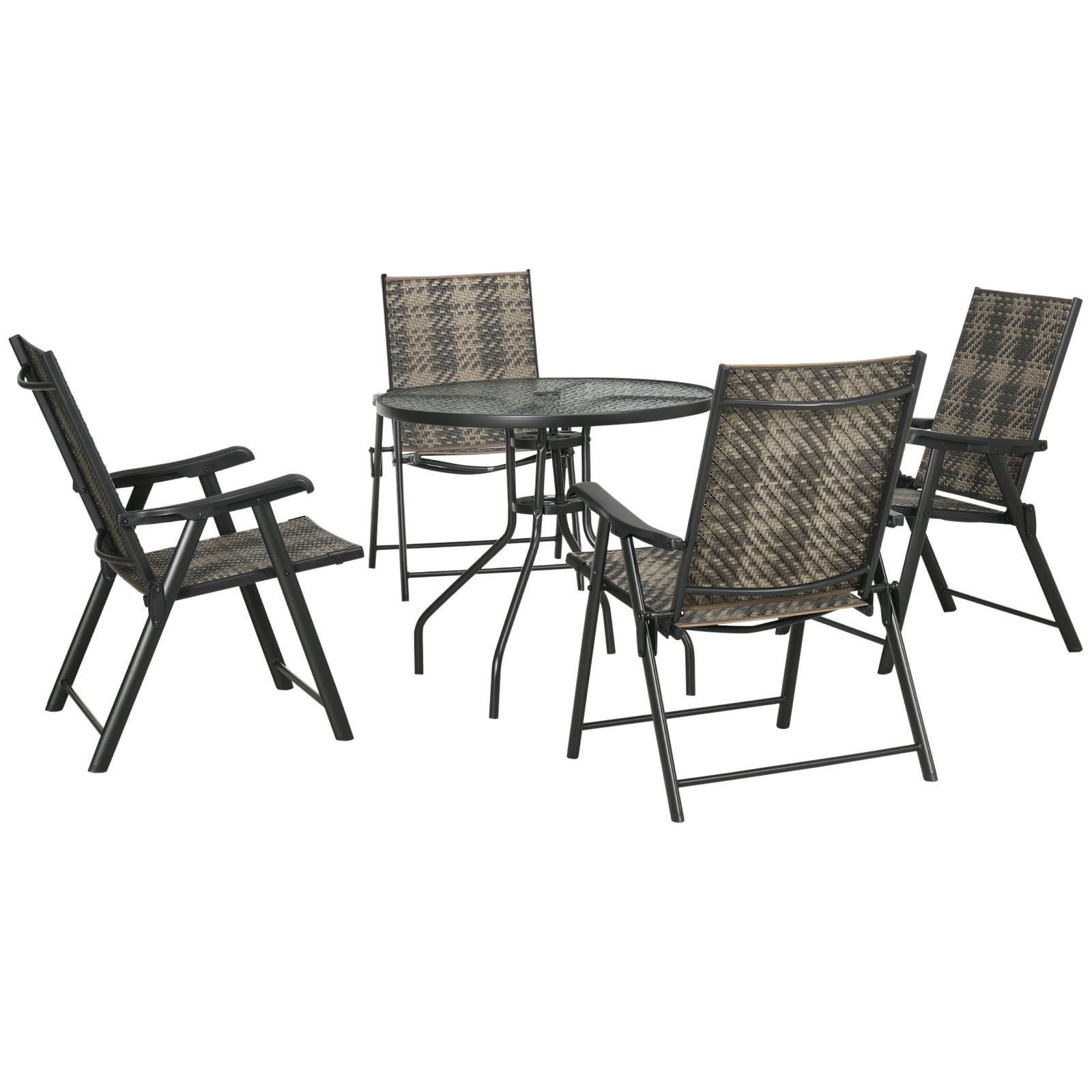 4 Seater Rattan Dining Set, Rattan Garden Furniture Set with Parasol Hole, Outdoor Dining Table and Chairs with 4 Armchairs, Round Glass Top Table for Patio, Balcony, Mixed Grey