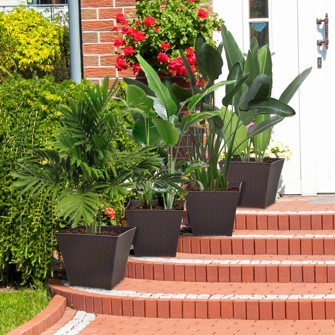 Outsunny Outdoor Planter Pack of 4, Rattan Effect Plant Pots Indoor Stackable Design, for Garden Patio Porch Deck, Brown | Aosom UK