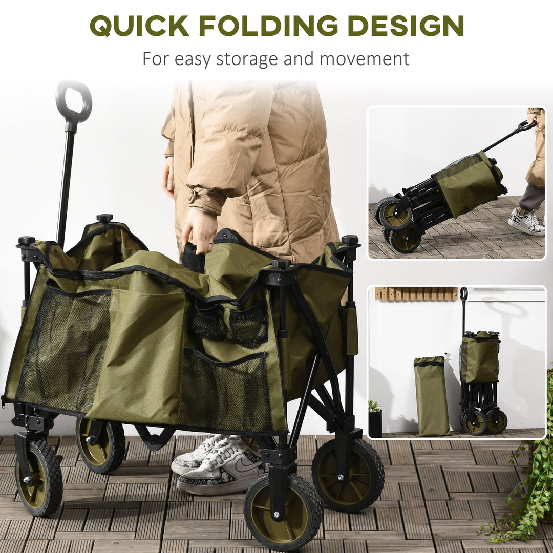 Folding Garden Trolley, Cargo Trailer on Wheels, Collapsible Camping Trolley with Folding Board, Outdoor Utility Wagon with Steel Frame and Oxford Fabric, Green