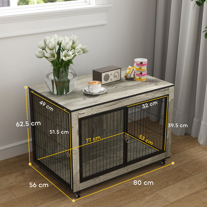 Dog Crate Furniture with Wheels, Double Doors, for Medium Dogs, Grey