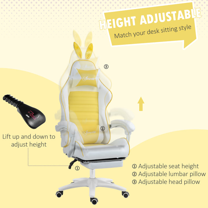 Reclining Racing Gaming Chair with Headrest and Lumber Support, PU Leather Computer Chair with Removable Rabbit Ears, Footrest, Yellow