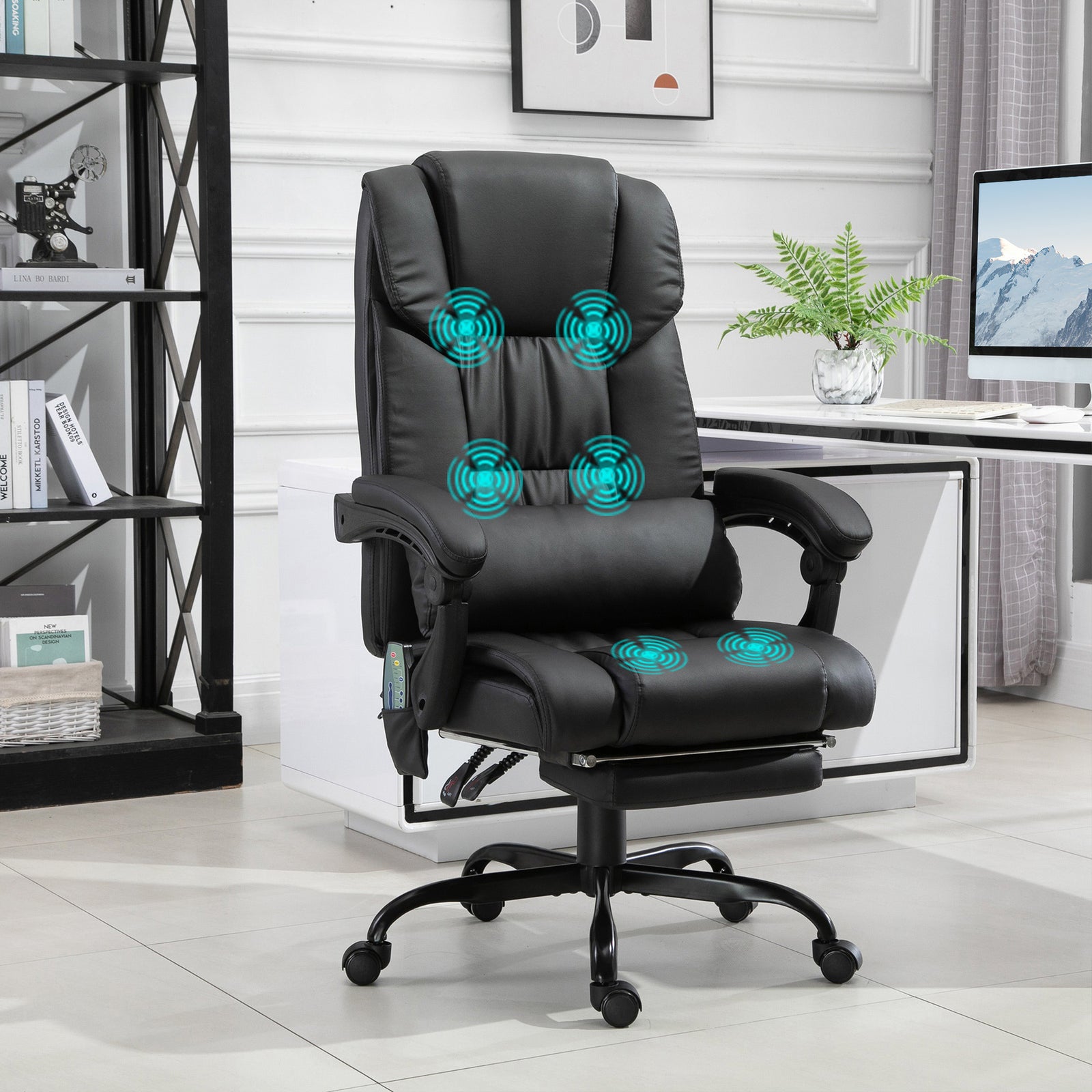 6-Point Massage Office Chair, PU Leather Desk Chair with Adjustable Height and Footrest for Home Office, Black