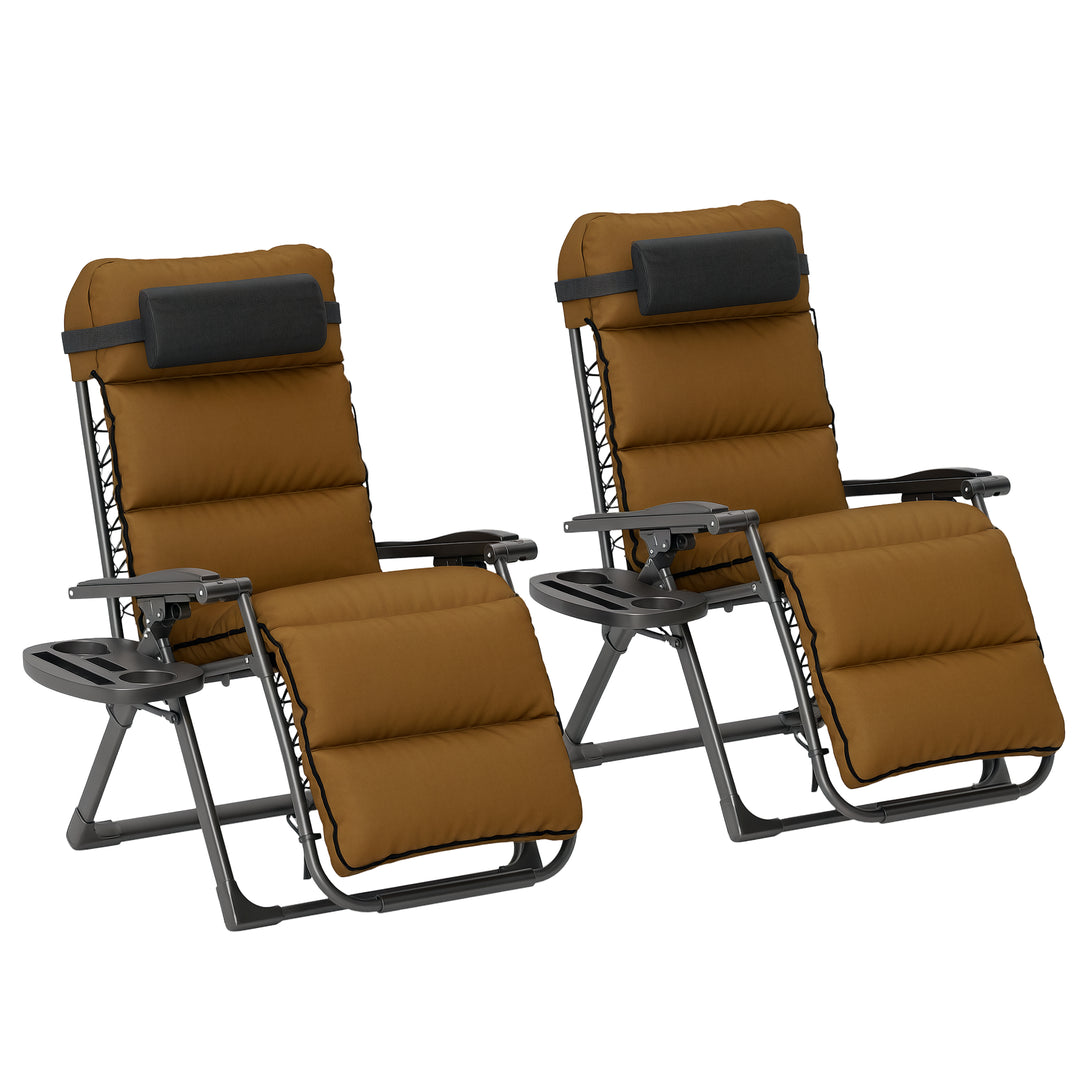 Set of Two Reclining Sun Loungers, with Cushion - Brown