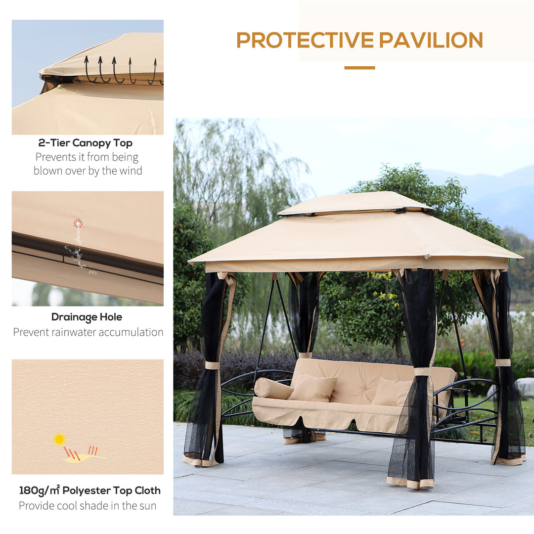 3 Seater Swing Chair 3-in-1 Convertible Garden Swing Seat Bed Gazebo Patio Bench Outdoor with Double Tier Canopy, Cushioned Seat, Mesh Sidewalls, Beige