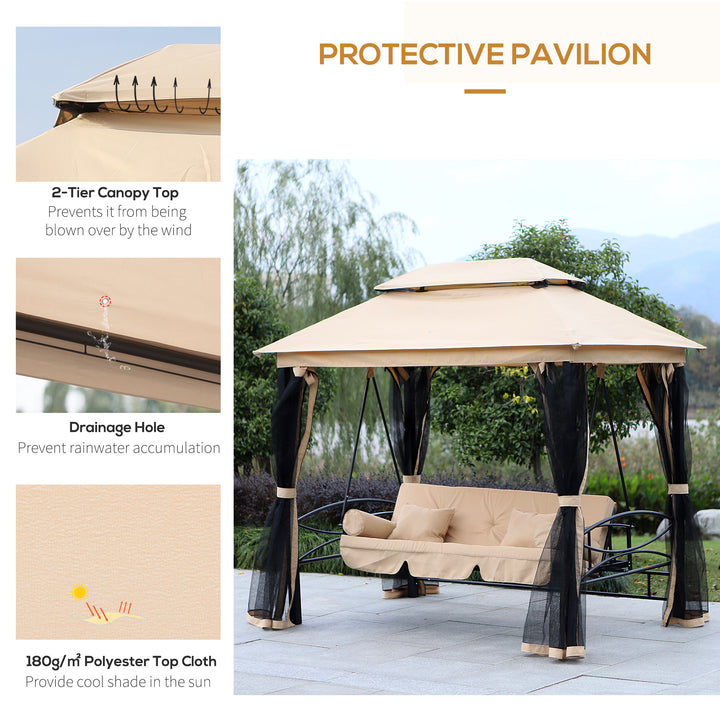 3 Seater Swing Chair 3-in-1 Convertible Garden Swing Seat Bed Gazebo Patio Bench Outdoor with Double Tier Canopy, Cushioned Seat, Mesh Sidewalls, Beige