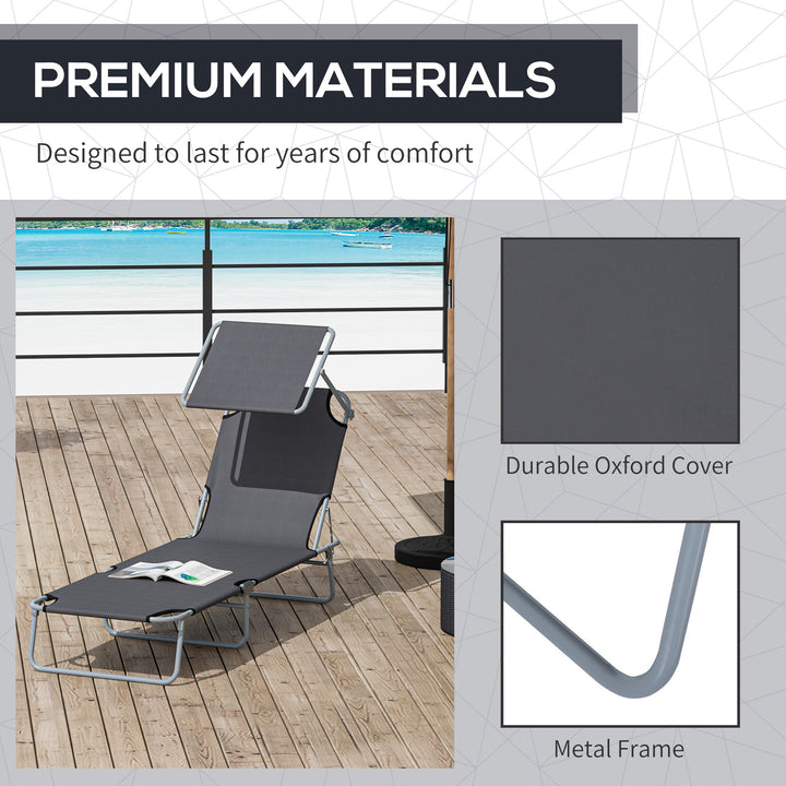 Outdoor Foldable Sun Lounger, 4 Level Adjustable Backrest Reclining Sun Lounger Chair with Angle Adjust Sun Shade Awning for Beach, Garden, Patio, Grey