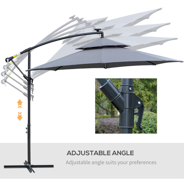 Outsunny 3(m) Cantilever Banana Parasol Hanging Umbrella with Double Roof, LED Solar lights, Crank, 8 Sturdy Ribs and Cross Base for Outdoor, Garden