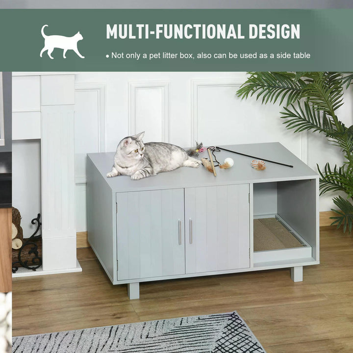 PawHut Cat Litter Box Enclosure, Wooden, Nightstand/End Table Design, with Scratcher, Magnetic Doors, Grey | Aosom UK