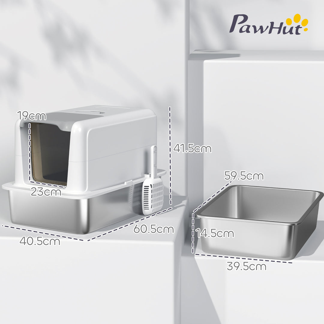 Stainless Steel Cat Litter Box with Removable Lid, Scoop, Filter Bags, for Larger Cats, White