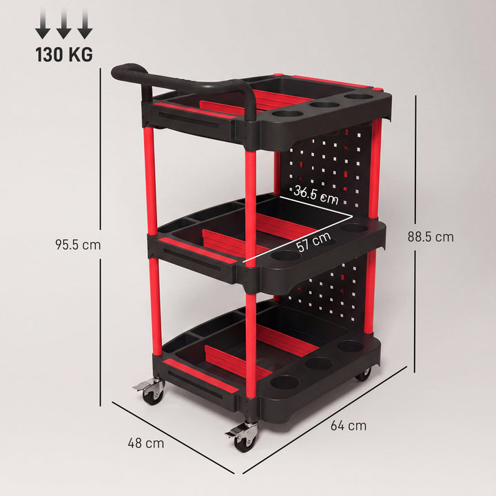 3-Tier Rolling Tool Cart with Pegboard and Hooks, Storage Trolley - view 3