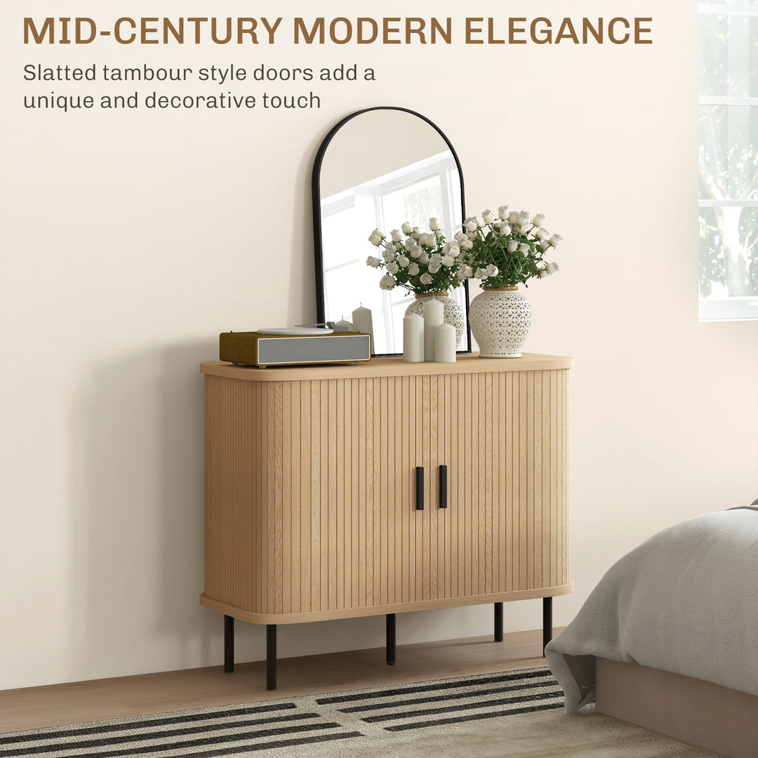 Mid-Century Modern Sideboard Storage Cabinet with Slatted Tambour Sliding Doors, Kitchen Cabinet with Steel Legs, Oak Tone