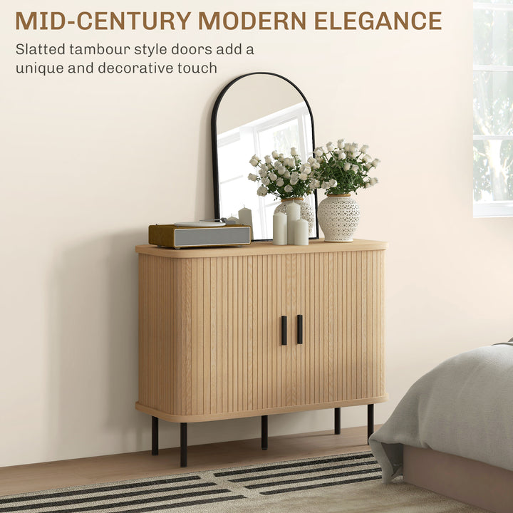 Mid-Century Modern Sideboard Storage Cabinet with Slatted Tambour Sliding Doors, Kitchen Cabinet with Steel Legs, Oak Tone