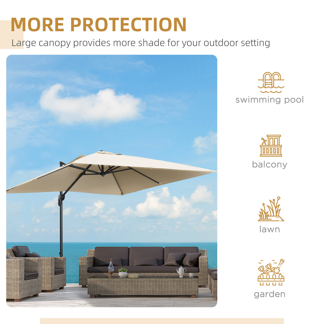 2.7 x 2.7 m Cantilever Parasol, Square Overhanging Umbrella with Cross Base, Crank Handle, Tilt, 360° Rotation and Aluminium Frame, Cream White