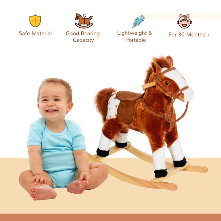 MCL Baby Rocking Horse Plush Ride on Animals Rocker with Sound Handle Grip for kids 3-6 years - Brown