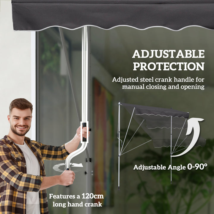 Balcony 2 x 1.5m Manual Adjustable Awning DIY Patio Clamp Awning Canopy Retractable Shade Shelter Easy to Move for Balcony, Grey