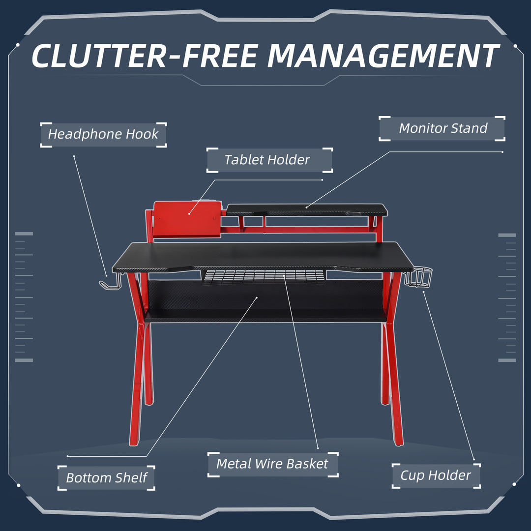 HOMCOM Gaming Desk with Metal Frame: Adjustable Feet, Cup Holder, Headphone Hook & Cable Management, Fiery Red | Aosom UK