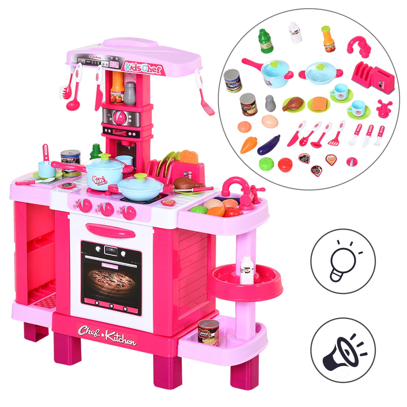 38 Pcs Kids Children Kitchen Play Set w/ Realistic Sounds Lights Food Utensils Pots Pans Appliances Toy Game Pink