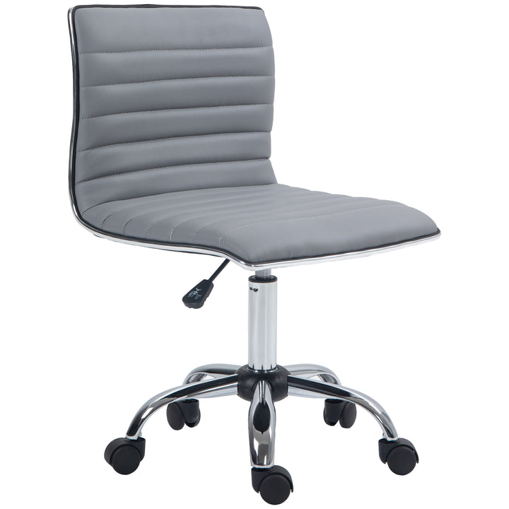 Armless Task Desk Chair, Swivel Office Chair with Faux Leather, Adjustable Seat Height, Chrome Base, Wheels for Home, Light Grey