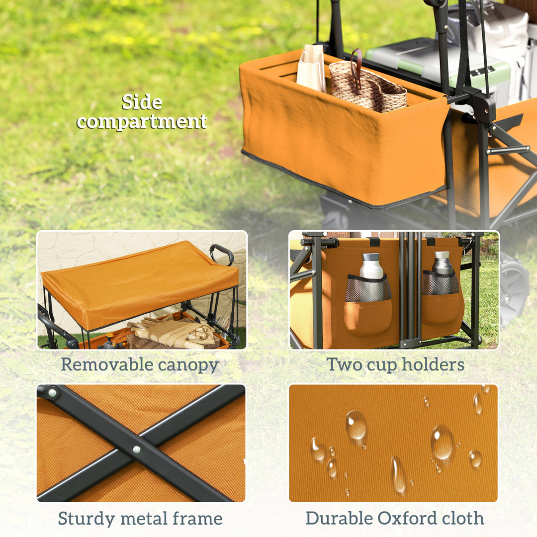 120L Festival Trolley on Wheels, Folding Camping Trolley Cart with Removable Canopy, All-Terrain Wheels, Adjustable Handle, Push or Pull for Garden Beach Fishing Shopping, Orange