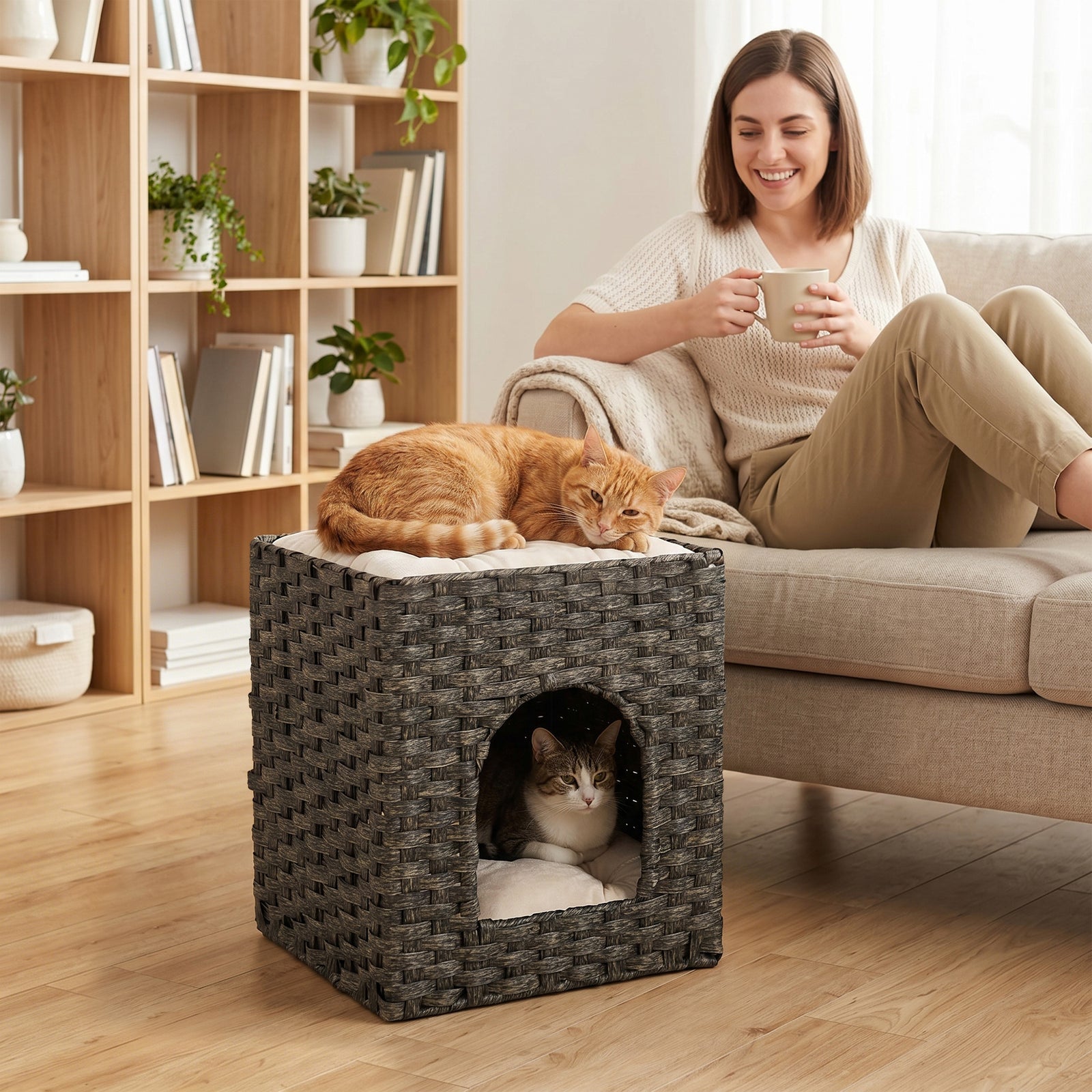 2-Tier Wicker Cat House, Handwoven Rattan Cat Bed with Washable Cushio