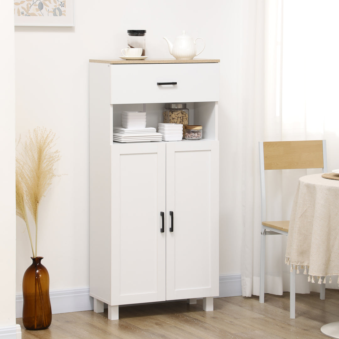 Freestanding Kitchen Cupboard, Nordic Storage Cabinet with Drawer, Doors and Open Countertop for Living & Dining Room, 130cm, White
