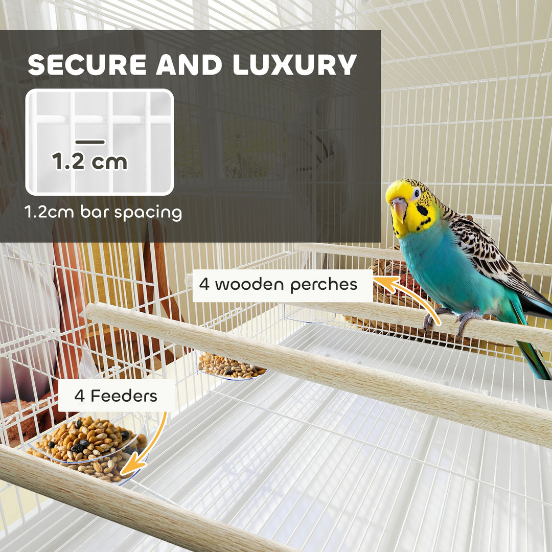 Bird Cage with Divider, 4 Wooden Perches, Slide Out Tray, 4 Feeders, for Budgie, Lovebird, Canary, 76 x 46 x 46cm, White